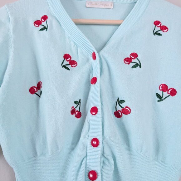 Red Blue Embroidered Cherry Pattern Cropped Cardigan Twee Coquette Dollette Sz M - Picture 8 of 8